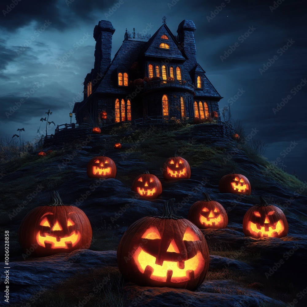 A spooky night scene featuring a haunted house and glowing jack-o'-lanterns, perfect for Halloween themes and decorations. A spooky night scene featuring a haunted house and glowing jack-o'-lanterns, perfect for Halloween themes and decorations.