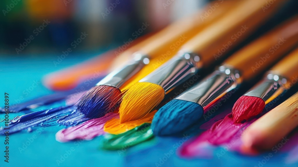 A vibrant array of paintbrushes lies atop colorful paint smudges, showcasing a passion for artistry and creativity. A vibrant array of paintbrushes lies atop colorful paint smudges, showcasing a passion for artistry and creativity.