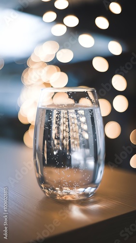 Glass of sparkling water, A clear glass of water sits on a wooden table with soft, twinkling lights in the background during an evening setting