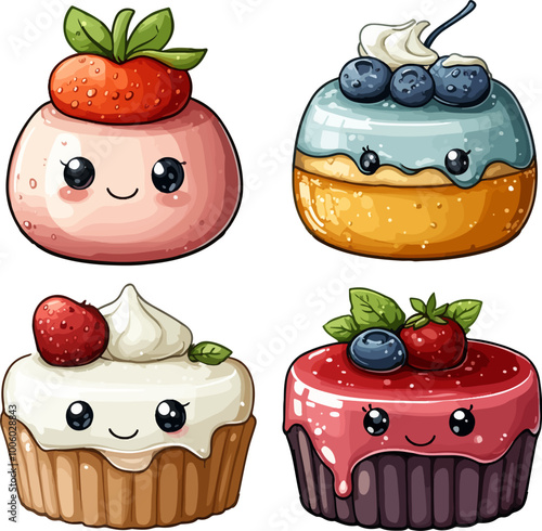 Set of 4 cute kawaii clipart desserts in vector