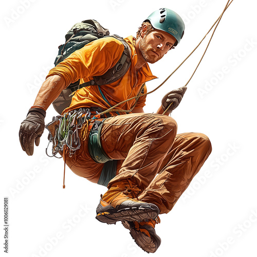 Man rock climbing with safety gear, orange jacket, helmet, and rope. An adventurous moment captured in action isolate on transparency background