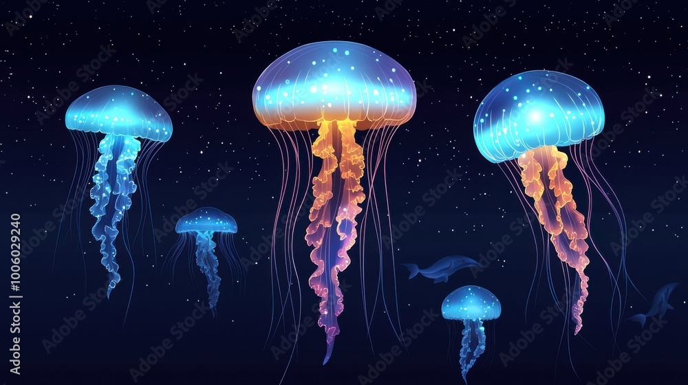 Colorful jellyfish swimming gracefully in dark ocean waters. Colorful jellyfish swimming gracefully in dark ocean waters.