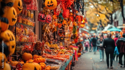 A lively Halloween market scene filled with vibrant decorations, pumpkins, and festive items. People enjoy the lively atmosphere, shopping and celebrating the seasonal spirit. photo