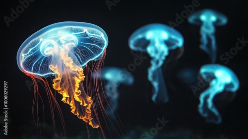 Colorful jellyfish swimming gracefully in the ocean, dark background.