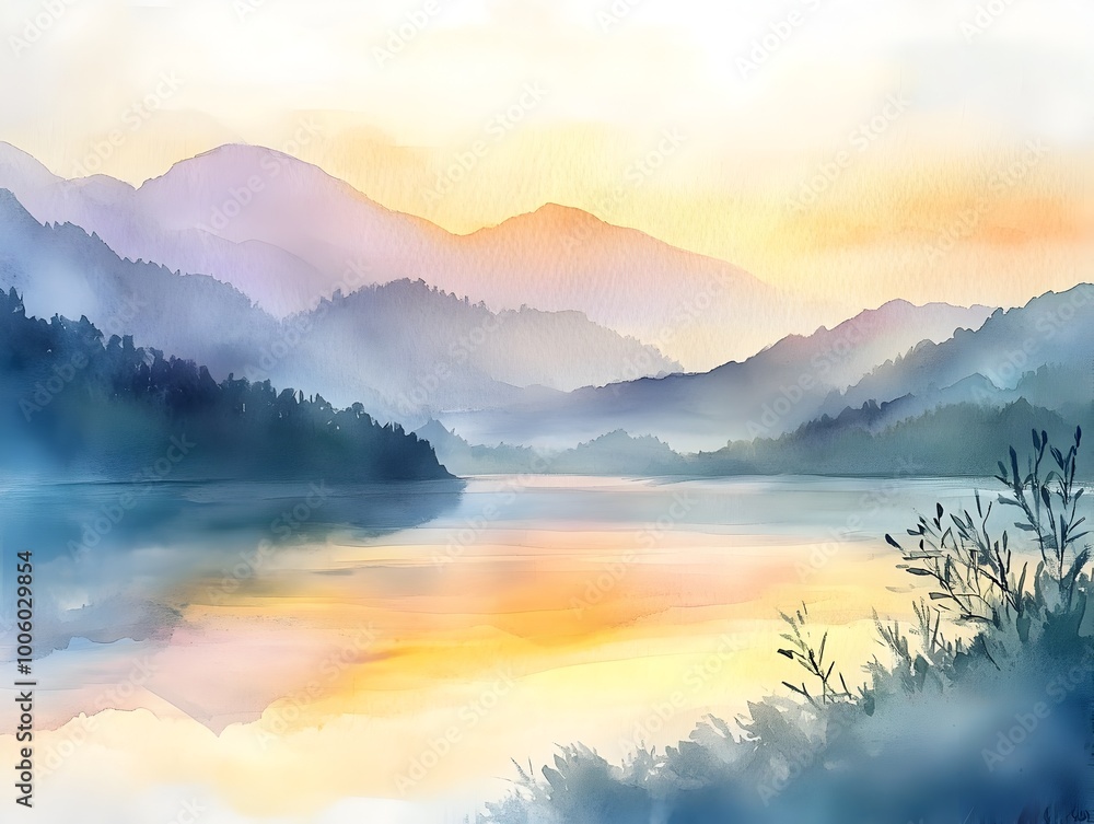 Fototapeta premium Soft pastel hues blended effortlessly in a serene and delicate watercolor painting showcasing a captivating mountain vista with golden hour lighting and natural textured brushstrokes