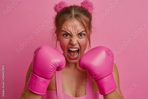 woman wearing pink suspenders and pink box gloves on her hands on a pink background.