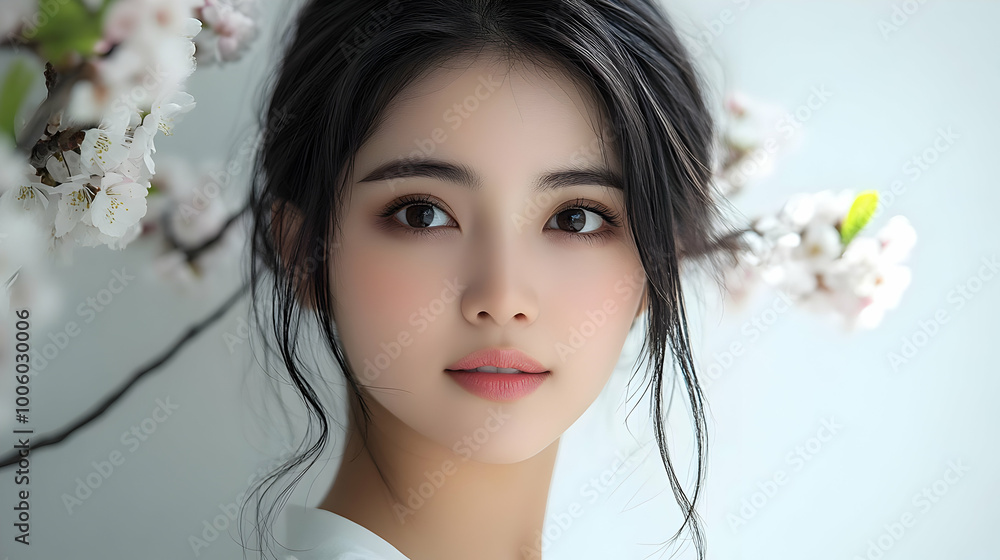 Beautiful Woman with Blossoming Flowers in Spring Beautiful Woman with Blossoming Flowers in Spring