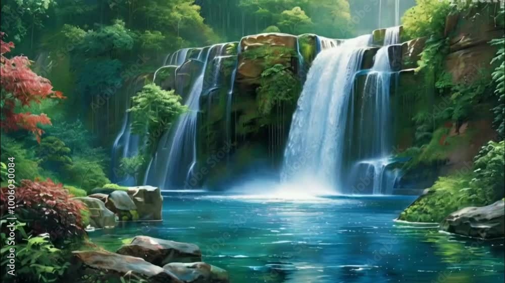A beautiful waterfall flows through a lush forest, surrounded by green trees and rocks, creating a serene landscape perfect for nature lovers A beautiful waterfall flows through a lush forest, surrounded by green trees and rocks, creating a serene landscape perfect for nature lovers