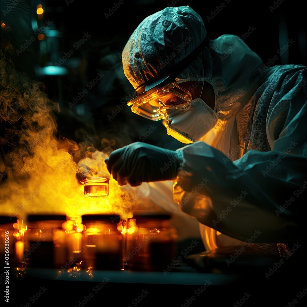 A scientist in protective gear conducts an experiment with glowing jars, surrounded by steam, highlighting a mysterious laboratory environment. A scientist in protective gear conducts an experiment with glowing jars, surrounded by steam, highlighting a mysterious laboratory environment.