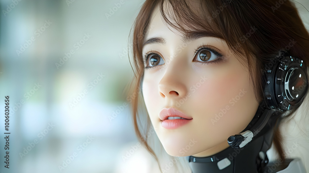 Futuristic Cyborg with Headset Gazing Upwards Futuristic Cyborg with Headset Gazing Upwards