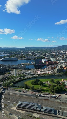 Oslo City Center, Norway on Summer Sunny Day. Aerial Drone Shot. Orbiting. Vertical Video photo