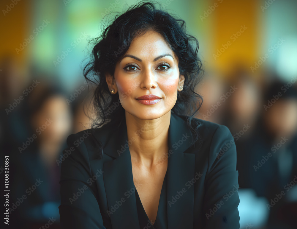 Fototapeta premium A photo of an attractive indian woman in her 60's with dark curly hair and hazel eyes, wearing business attire