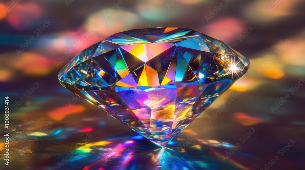 Close-up of diamond facets reflecting rainbow-colored light in a luxurious, detailed setting.