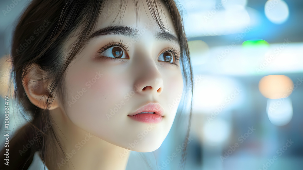 Close Up Portrait of a Woman with Long Hair Looking Upward Close Up Portrait of a Woman with Long Hair Looking Upward