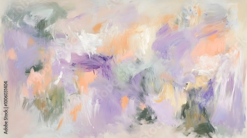 Harmonious Organic Pastel Painting with Fluid Shapes and Muted Tones of Lavender Peach and Sage   Gestural Brushstrokes Impasto Texture and Fauvist Inspired Technique photo