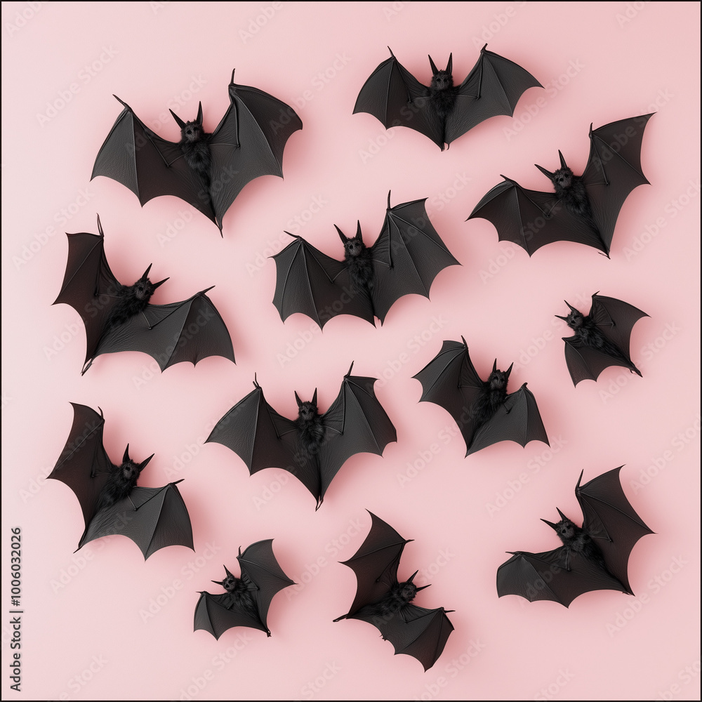 Creative pink pattern made of bats. Minimal flat lay. Halloween concept. Creative pink pattern made of bats. Minimal flat lay. Halloween concept.