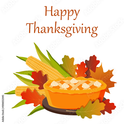Pumpkin pie on a stand with corn and leaves and a Thanksgiving card.