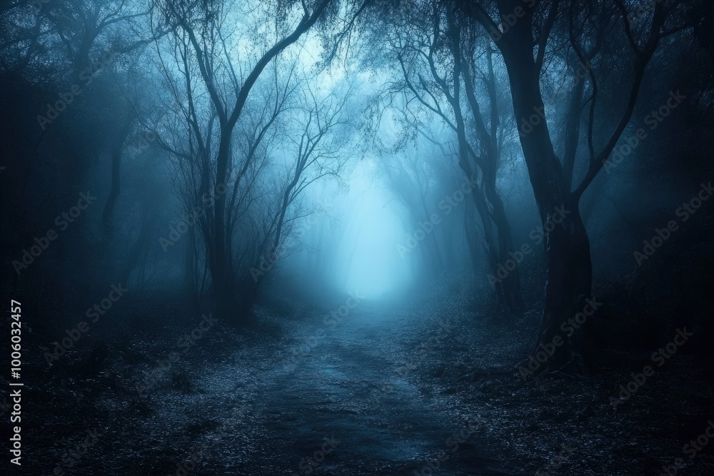 Mysterious pathway through the dark foggy forest in cold tones - generative ai Mysterious pathway through the dark foggy forest in cold tones - generative ai
