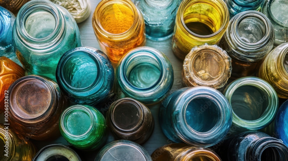Close-up of recycled glass jars, detailed and sorted for reuse, set against a clean background. Close-up of recycled glass jars, detailed and sorted for reuse, set against a clean background.