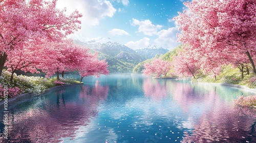 Serene Lake with Cherry Blossom Trees and Mountains