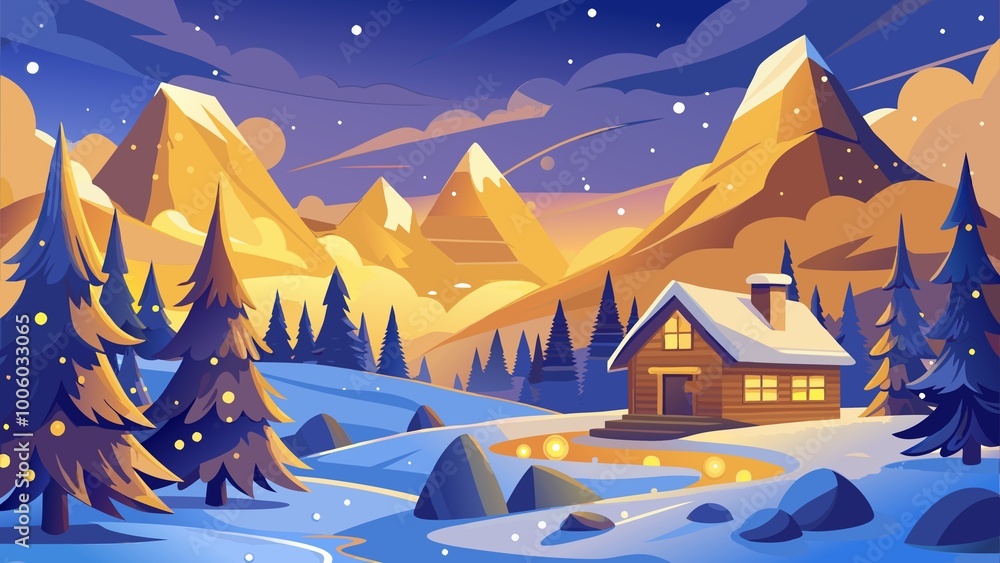 Snowy mountain cabin with glowing windows at dusk Snowy mountain cabin with glowing windows at dusk