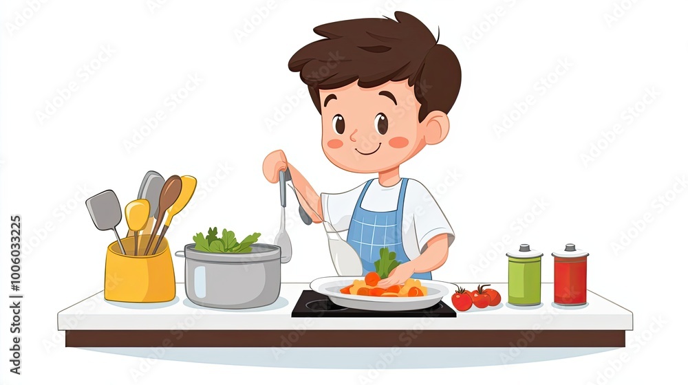 A young boy in a blue apron cooks pasta in the kitchen. A young boy in a blue apron cooks pasta in the kitchen.