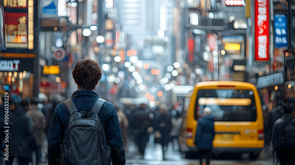 Walking Through a Busy City Street with a Backpack