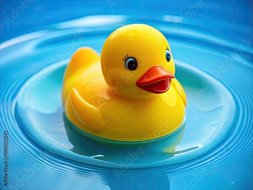 Charming yellow rubber duck serenely glides in tranquil blue bathwater, ideal for children's themes and delightful fun during bath time adventures for little ones. photo