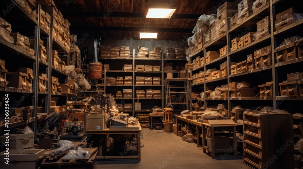 Obraz premium Warehouse Interior with Shelves Filled with Boxes