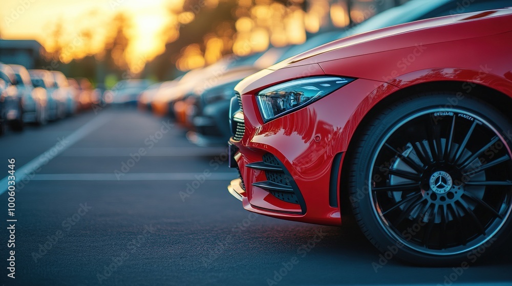 Cars Parked in a Well-Lit Lot at Sunset, Ideal for Dealership and Rental Service Backgrounds Cars Parked in a Well-Lit Lot at Sunset, Ideal for Dealership and Rental Service Backgrounds