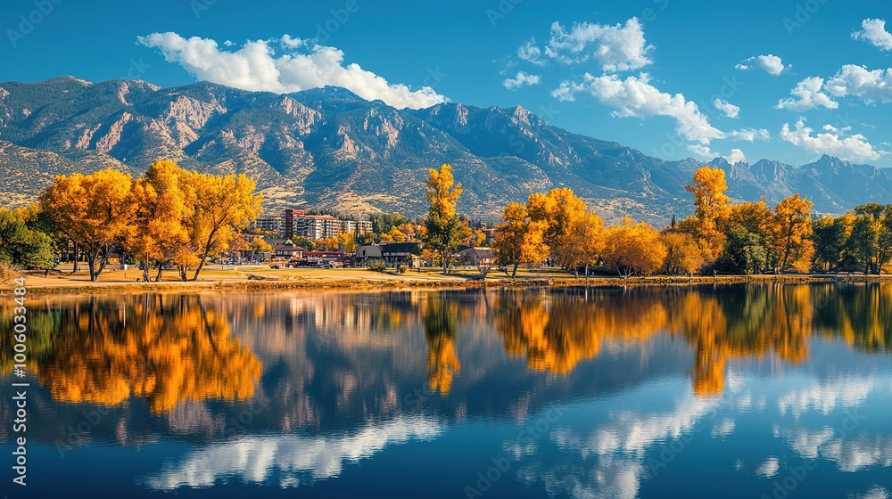 Obraz premium Serene Lake with Autumn Trees and Mountain Background