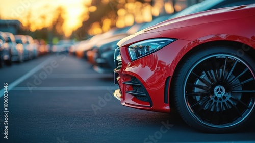 Cars Parked in a Well-Lit Lot at Sunset, Ideal for Dealership and Rental Service Backgrounds