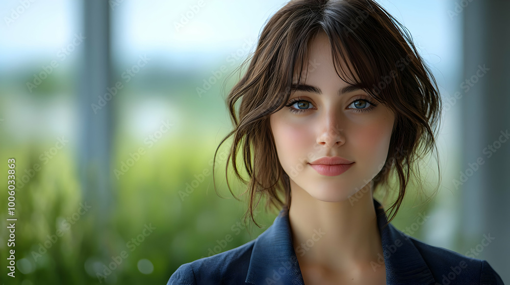 Stunning Portrait of a Young Woman with Blue Eyes and a Soft Smile Stunning Portrait of a Young Woman with Blue Eyes and a Soft Smile