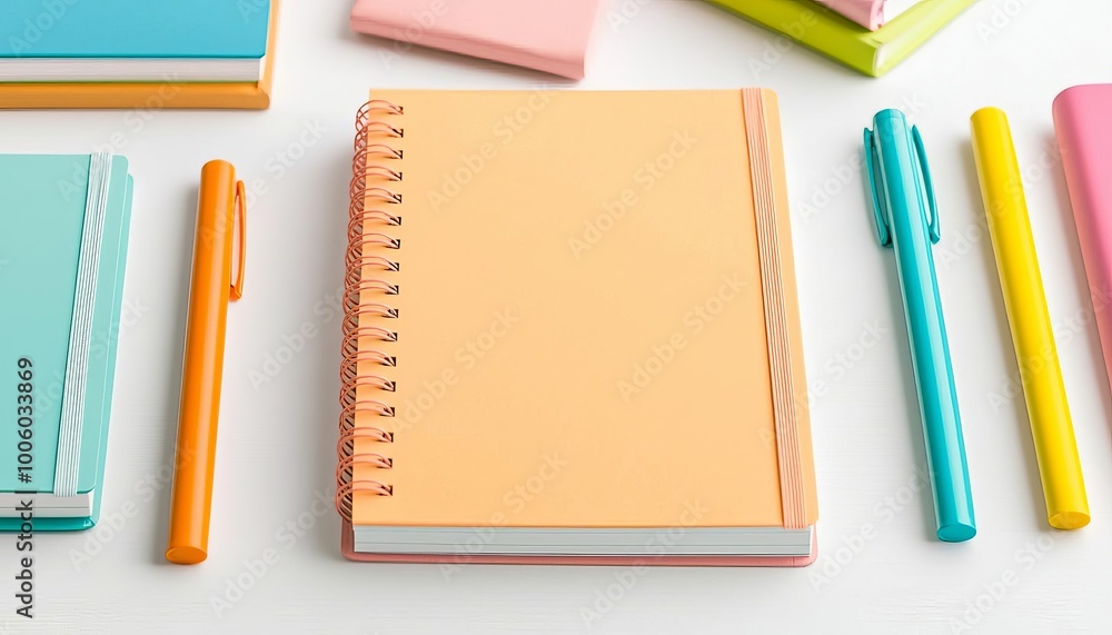 Stylish stationery set with personalized notebooks, highlighters, and planners, laid out on a white table personalized notebooks, stylish stationery Stylish stationery set with personalized notebooks, highlighters, and planners, laid out on a white table personalized notebooks, stylish stationery