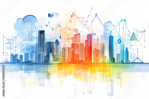 Wallpaper Mural A city skyline with colorful abstract data graphs overlaid representing business analytics finance and modern technology trends
 Torontodigital.ca