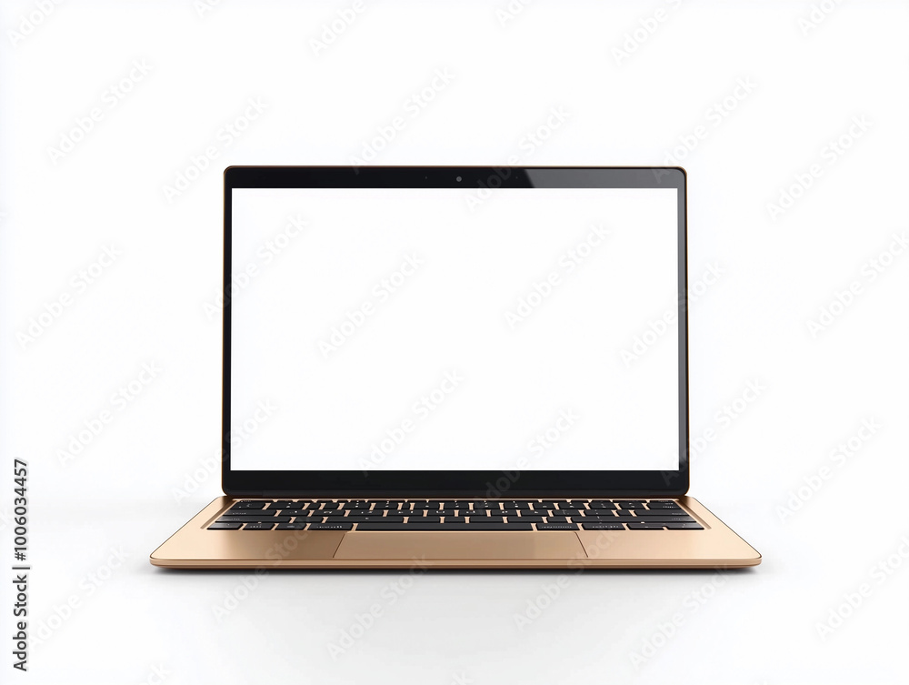 Gold laptop blank screen modern minimalist workspace technology business mockup isolated white background digital device computer portable stylish sleek flatlay front view advertisement Gold laptop blank screen modern minimalist workspace technology business mockup isolated white background digital device computer portable stylish sleek flatlay front view advertisement