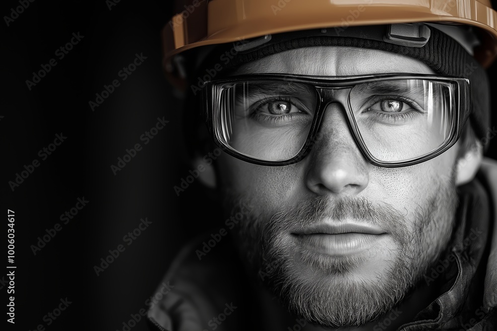 Man wearing a white hard hat. He has a beard and a mustache. He is wearing a black shirt. Black and white photorealistic studio portrait of a construction worker with hard hat on black background Man wearing a white hard hat. He has a beard and a mustache. He is wearing a black shirt. Black and white photorealistic studio portrait of a construction worker with hard hat on black background