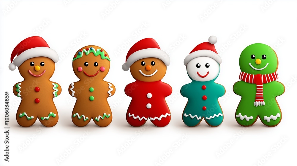 Five gingerbread men with hats and scarves. One is green and one is red. They are smiling. Christmas Gingerbread Cookie Characters, front view perspective, Five gingerbread men with hats and scarves. One is green and one is red. They are smiling. Christmas Gingerbread Cookie Characters, front view perspective,