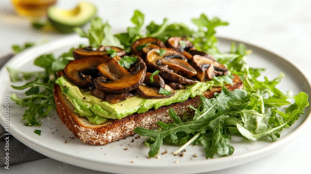 Savory Mushroom and Avocado Toast: A delectable gourmet toast featuring sauteed mushrooms and creamy avocado on toasted bread, garnished with fresh arugula. Perfect for a healthy and flavorful meal. Savory Mushroom and Avocado Toast: A delectable gourmet toast featuring sauteed mushrooms and creamy avocado on toasted bread, garnished with fresh arugula. Perfect for a healthy and flavorful meal.