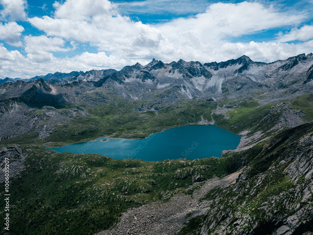 Aerial view of beautiful high altitude mountain and lake landscape Aerial view of beautiful high altitude mountain and lake landscape