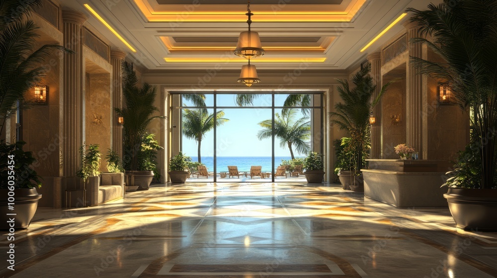 Luxurious hotel reception lobby, designed with a modern Greek building theme Luxurious hotel reception lobby, designed with a modern Greek building theme