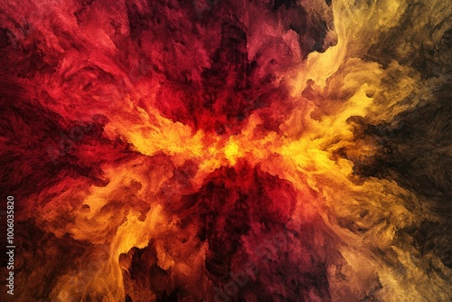 Dramatic fire and smoke effect glowing red and yellow colors exploding outwards with center space. Vivid and hot hell abstract or blazing fire background or wallpaper - generative ai