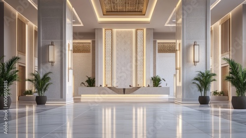 Luxurious hotel reception lobby, designed with a modern Arabic building theme