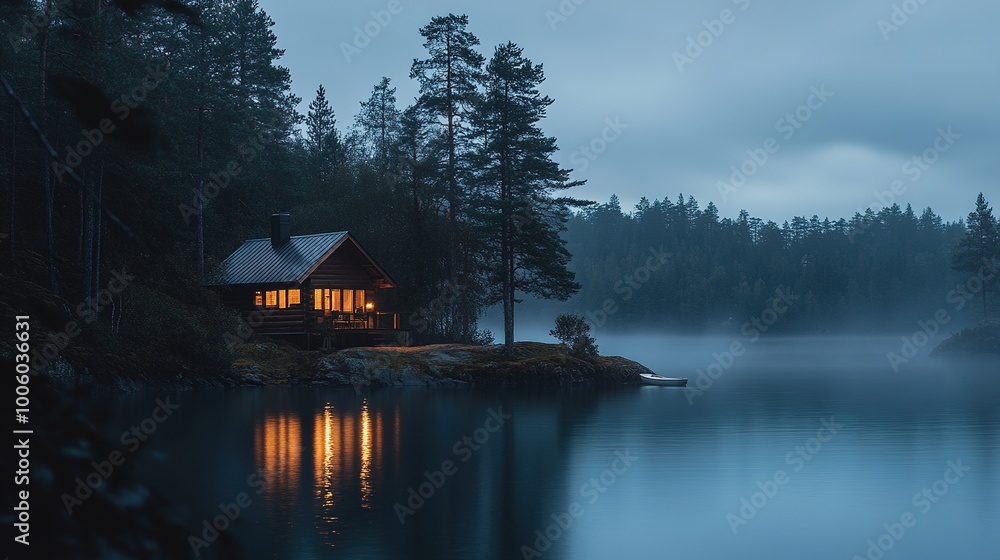 Fototapeta premium Tranquil Cabin by Misty Lake at Dusk