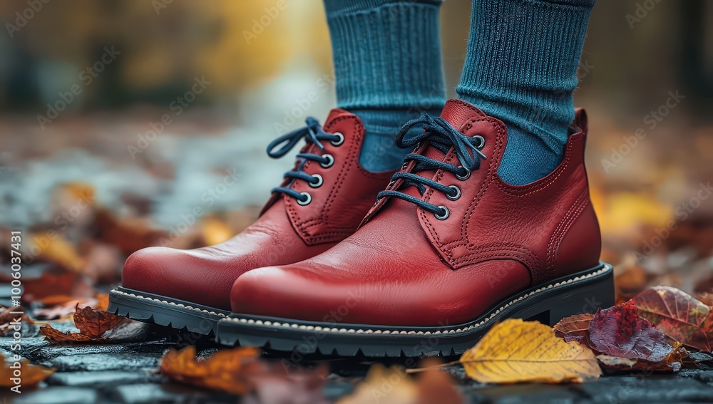 A close-up of red leather chukka boots with blue socks worn by an elegant woman, set against the backdrop of autumn leaves on a street A close-up of red leather chukka boots with blue socks worn by an elegant woman, set against the backdrop of autumn leaves on a street