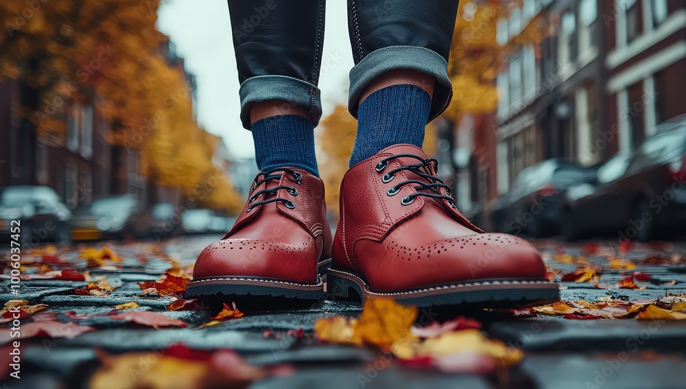 A close-up of red leather chukka boots with blue socks worn by an elegant woman, set against the backdrop of autumn leaves on a street A close-up of red leather chukka boots with blue socks worn by an elegant woman, set against the backdrop of autumn leaves on a street