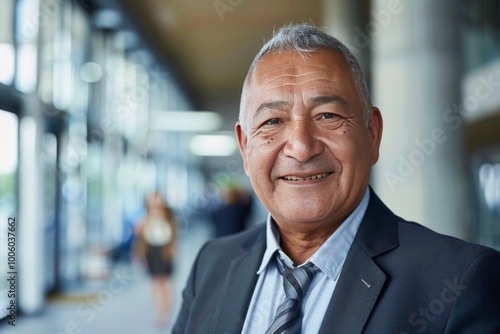 Portrait of successful senior Aymara businessman consultant looking at camera and smiling inside modern office building , background blur