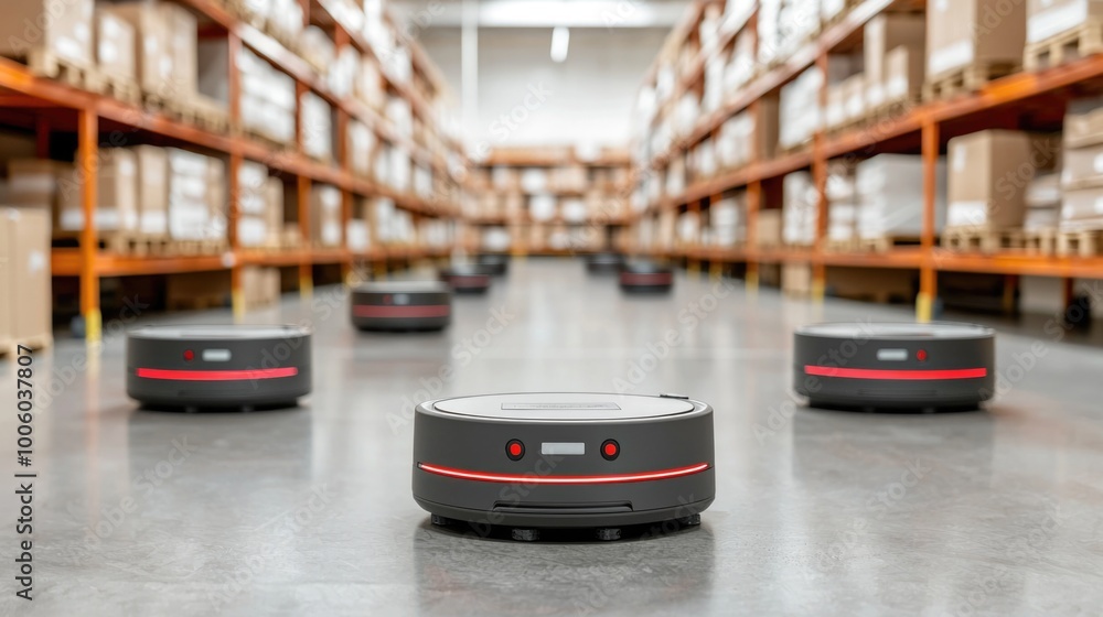 Obraz premium Autonomous robots navigating a modern warehouse