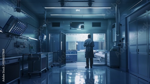 A man in a lab coat stands in a hospital room