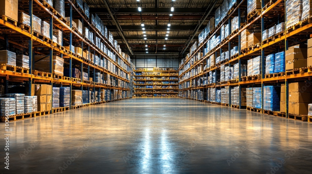 Fototapeta premium Spacious warehouse with organized shelving and inventory stacks